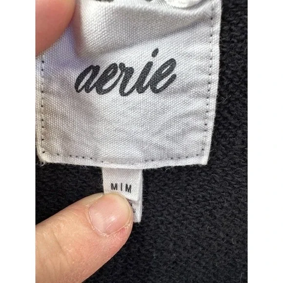 Aerie MED Oversized Sweatshirt Laced Neck Black Relaxed Fit Sporty Lounge‎ Comfy - Picture 4 of 11